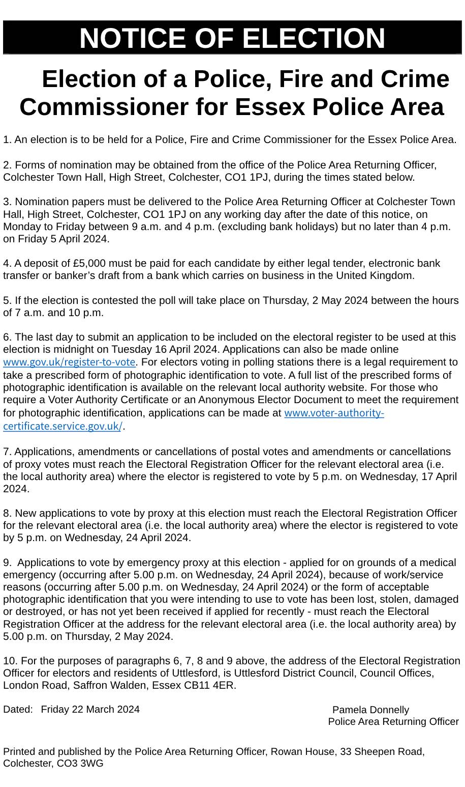 Notice of Election PFCC